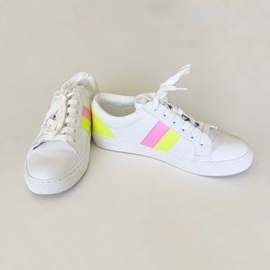 Women’s size 7.5 J Crew Factory, Casual Sneakers in White w/Pink & Neon Yellow